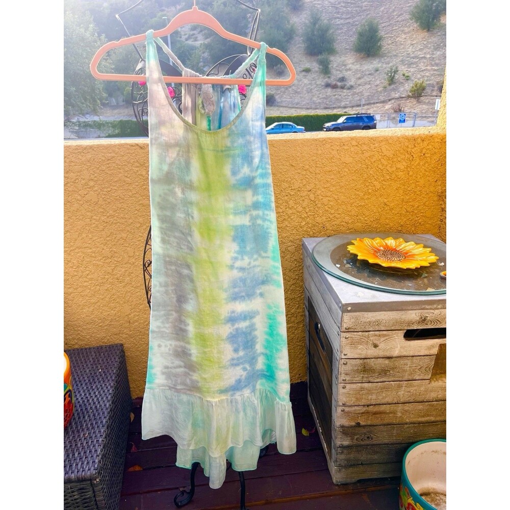 Made In Italy Linen And Silk Turquoise Green Dress Size L/XL